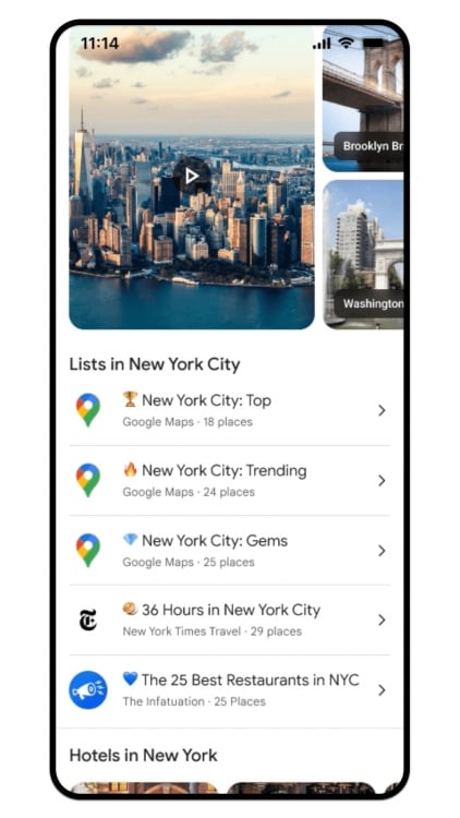 smartphone showing Google Maps search results for New York City with recommended lists