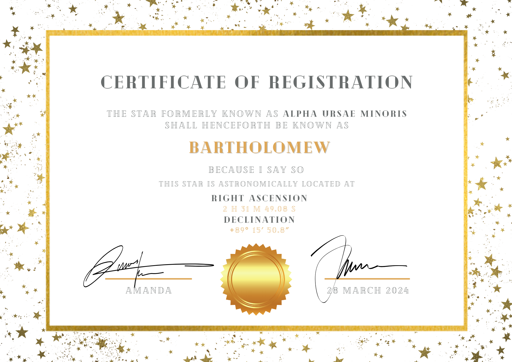 A certificate of registration renaming the North Star to Bartholomew.