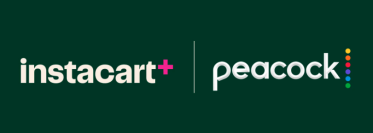 Instacart+ and Peacock logos side by side with green background
