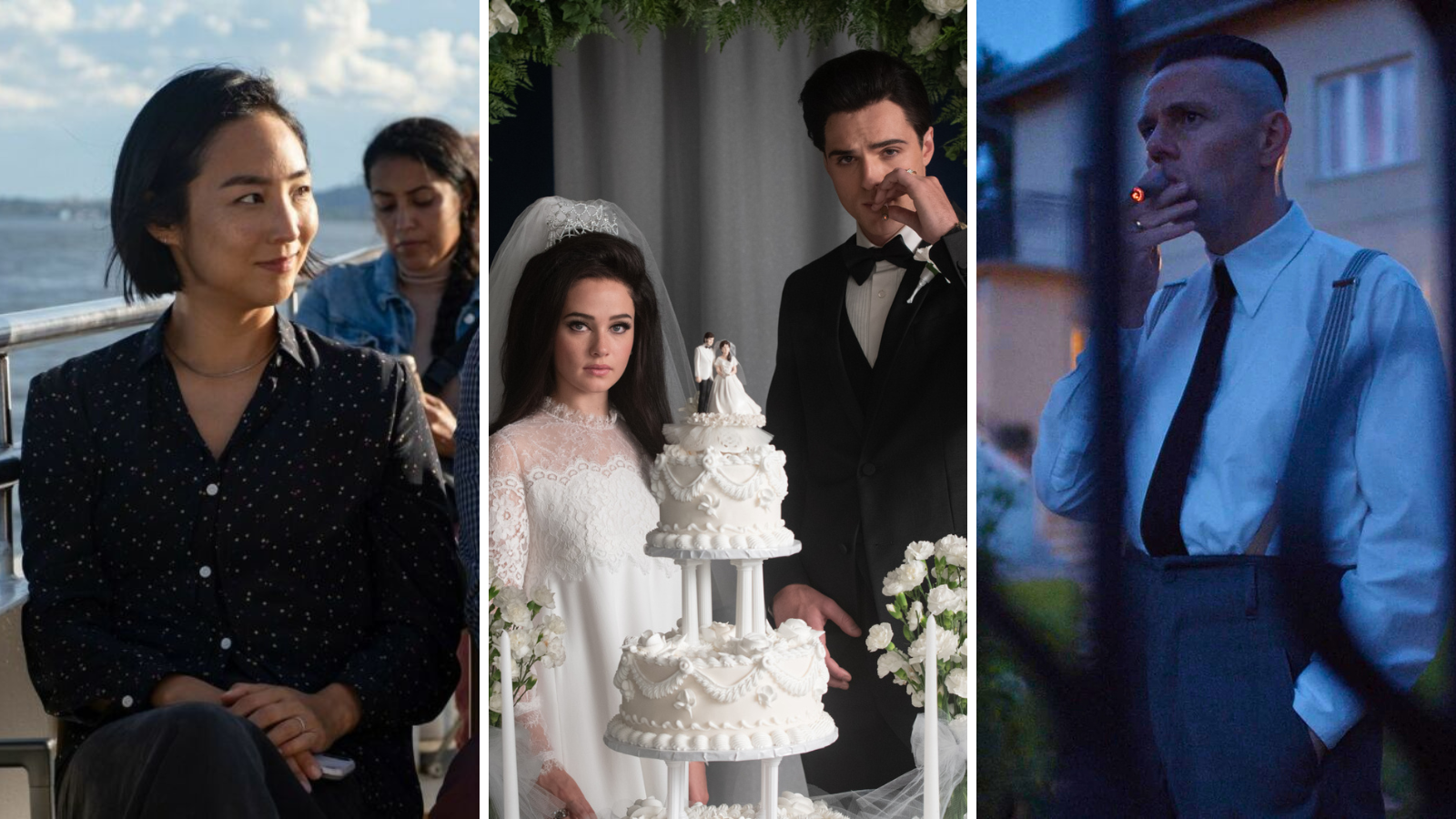 screen captures from A24 films Past Lives, Priscilla, and The Zone of Interest
