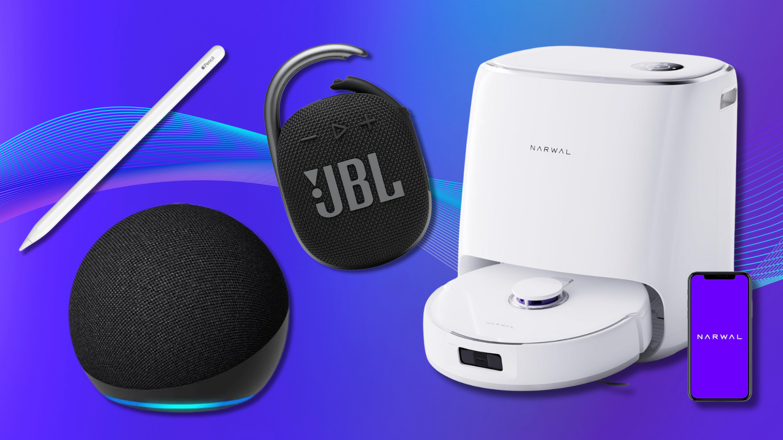 Apple Pencil, JBL Clip 4, Echo Dot, and Narwal robot vacuum with blue gradient background