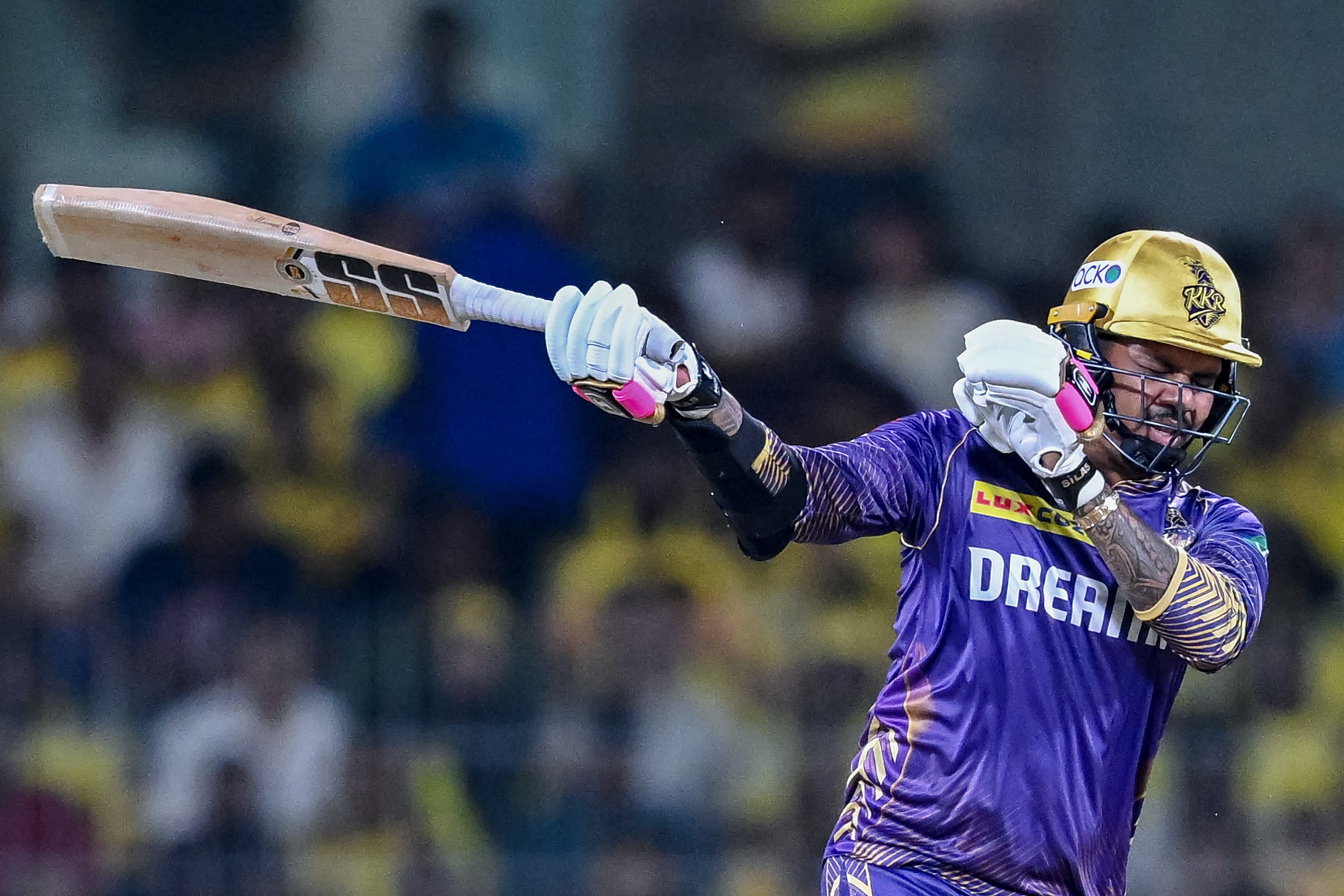 Kolkata Knight Riders' Sunil Narine plays a shot