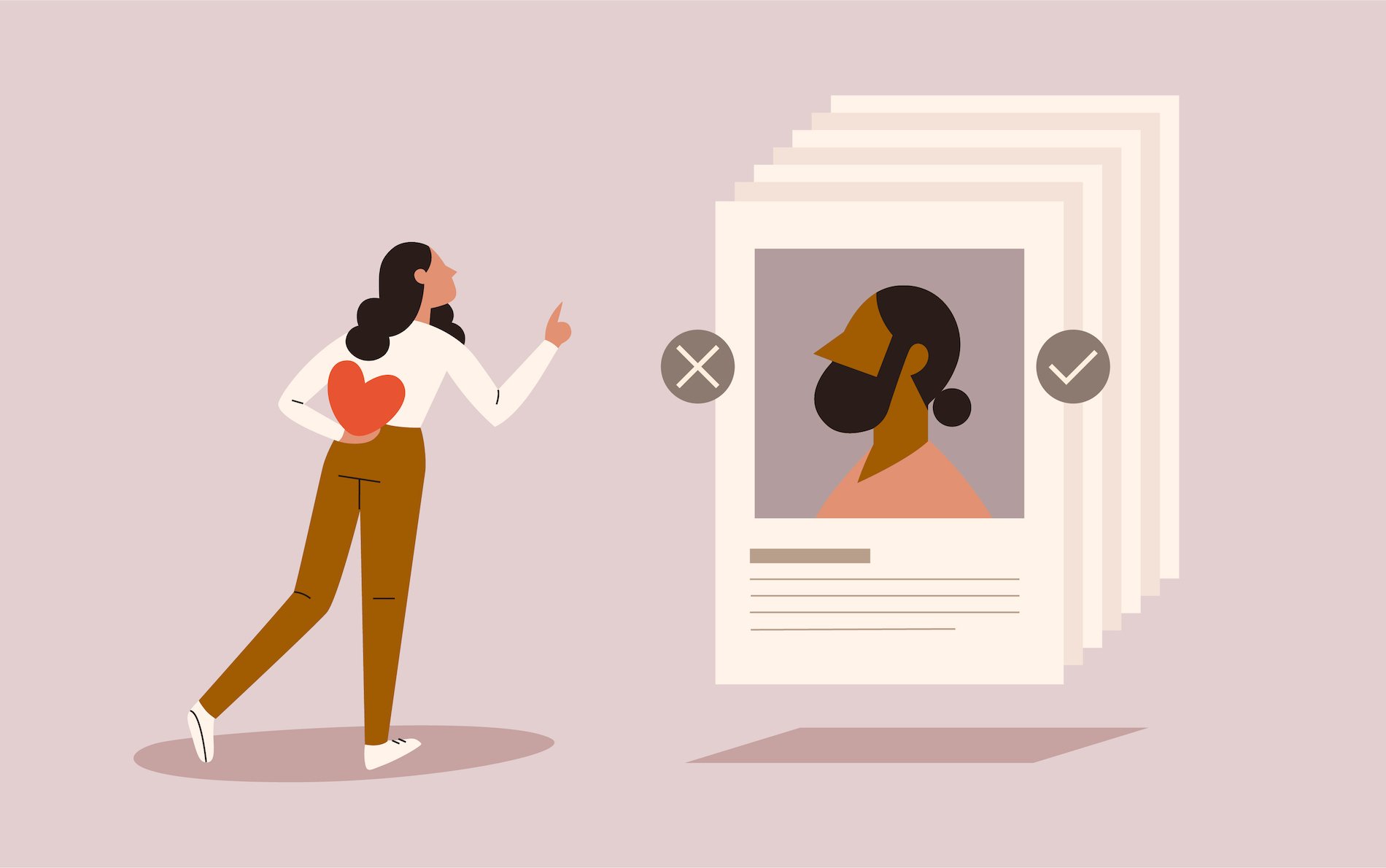 A young woman of color looking for love on an online dating app.