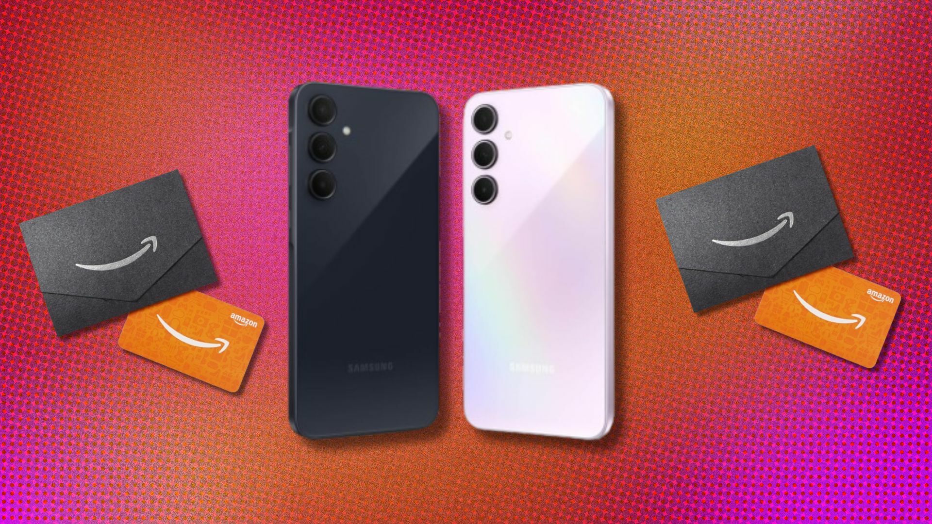 two samsung cell phones sit facing each other with Amazon gift cards on either side. The background is pink and orange