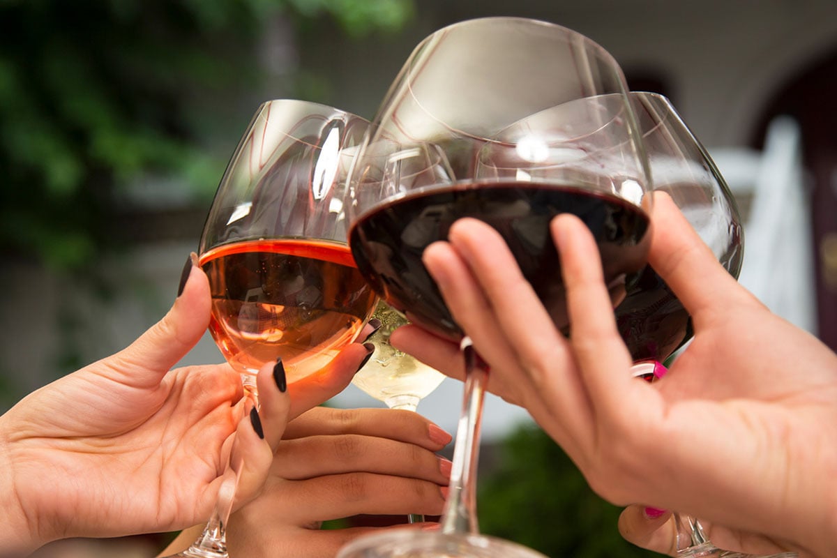 Friends cheers-ing wine glasses.