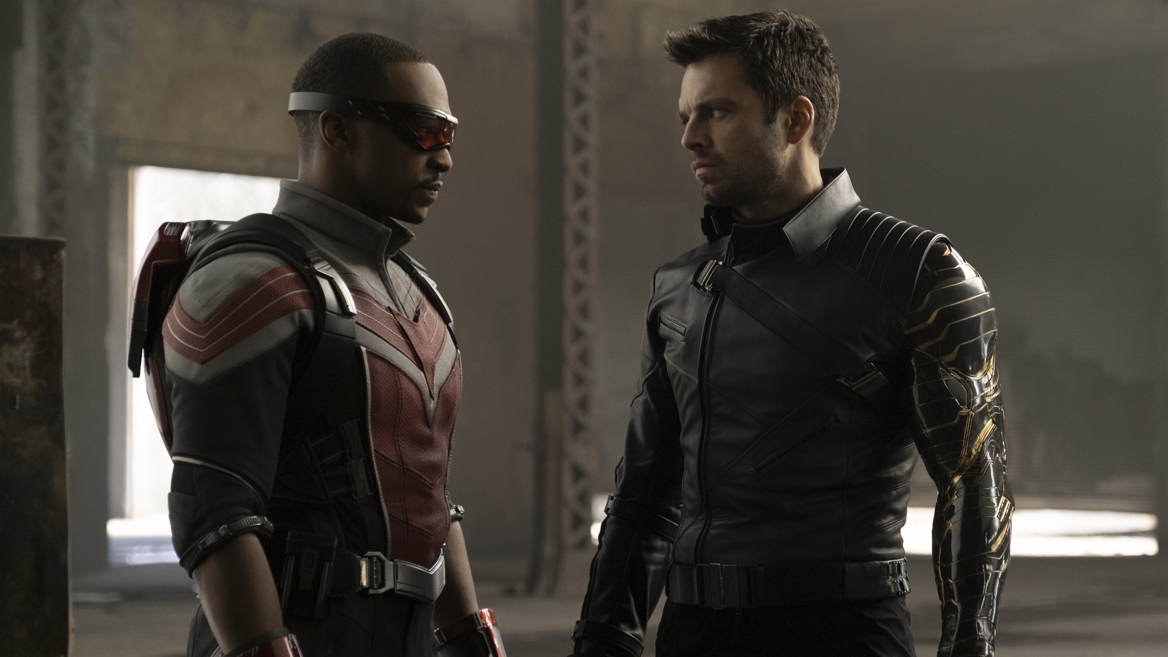 The Falcon and the Winter Soldier staring at each other.
