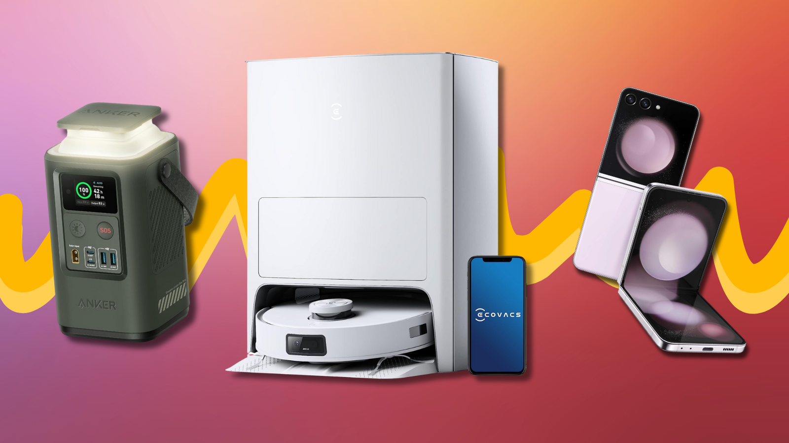 Anker power bank, Ecovacs Deebot T10 Omni, and Samsung Galaxy Flip 5 with pink gradient background