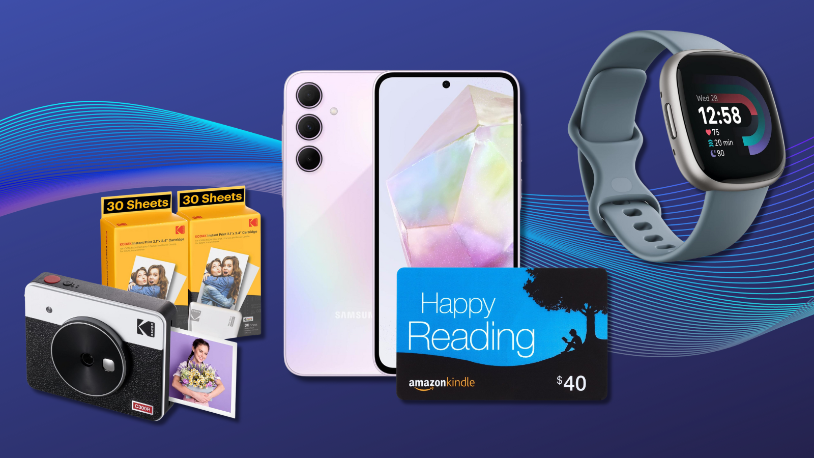 Kodak instant camera bundle, Samsung Galaxy A35 phone with gift card, and Fitbit Versa 4 with blue background