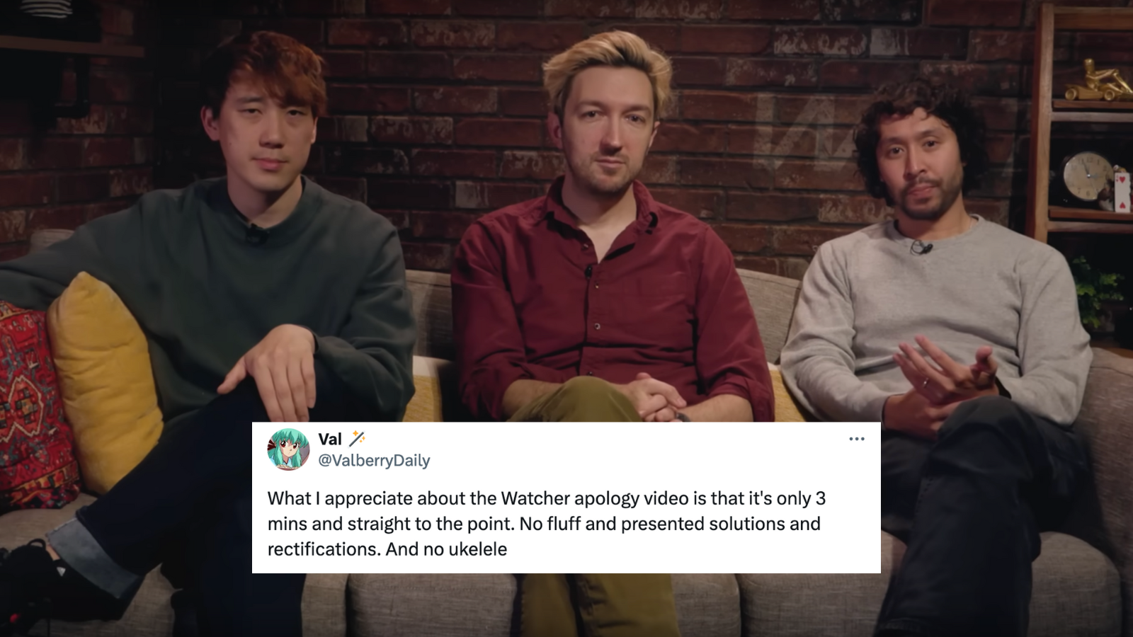 Watcher founders Steven Lim, Ryan Bergara, and Shane Madej sitting on a couch. Superimposed on top of them is an X post by @ValberryDaily: 