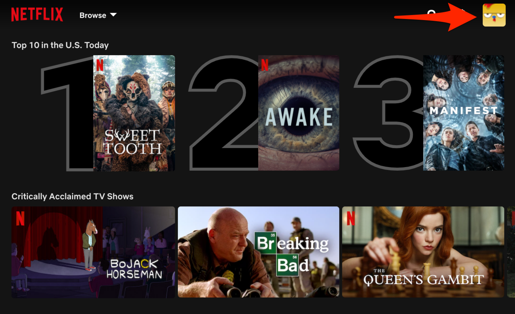 A screenshot of Netflix with an arrow pointing to the profile picture in the top left.