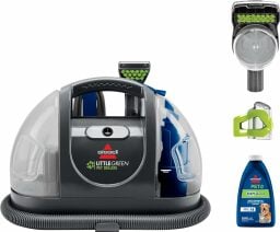 Bissell Little Green Pet Deluxe upholstery cleaner beside bottle of pet stain formula and two attachments on white background