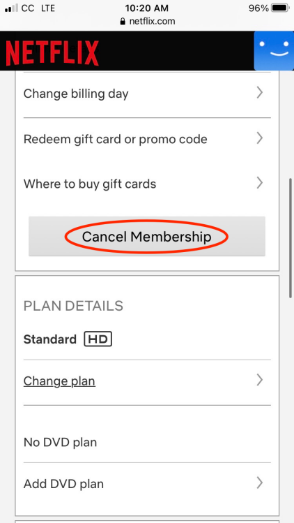A screenshot of the Netflix app's account settings with the words "cancel membership" circled in red.