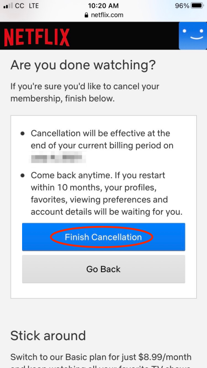 A screenshot of Netflix's app where you can cancel your membership. The button to do so is circled in red.