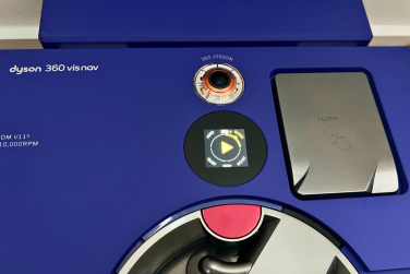 Close up of Dyson 360 Vis Nav robot vacuum's touchscreen with cleaning options on screen