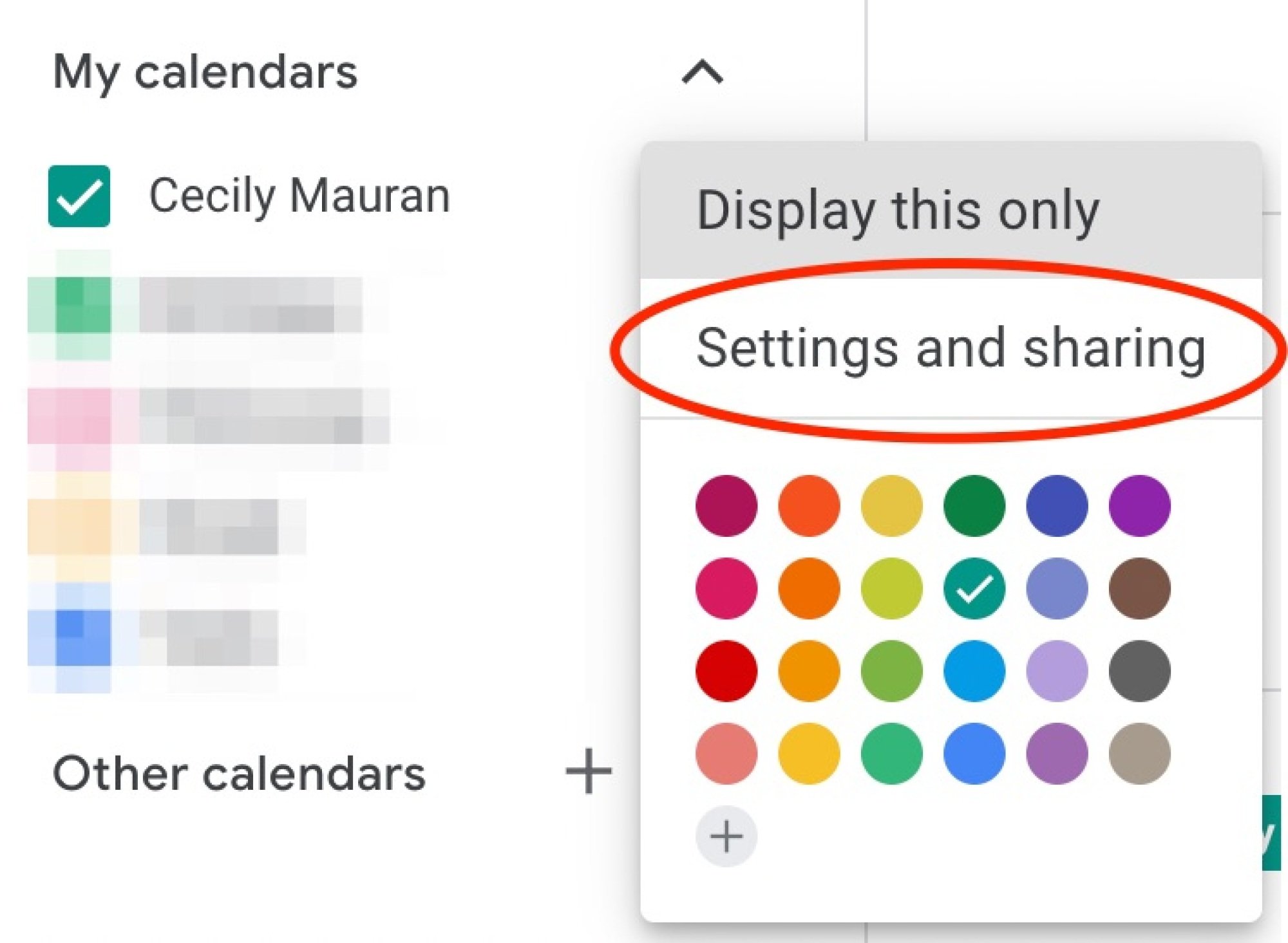 Settings and sharing options next to the my calendars section 