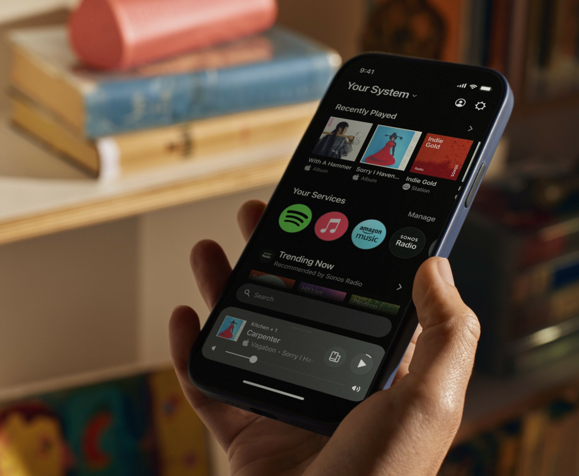 The Sonos mobile app shown on a smartphone.