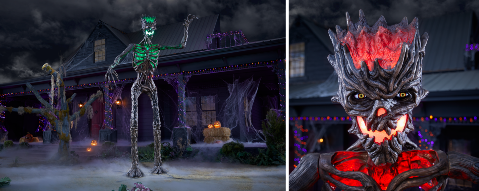 a full view of the 12.5 Ft. Giant-Sized Inferno Deadwood Skeleton in front of a haunted house next to a close-up of its head