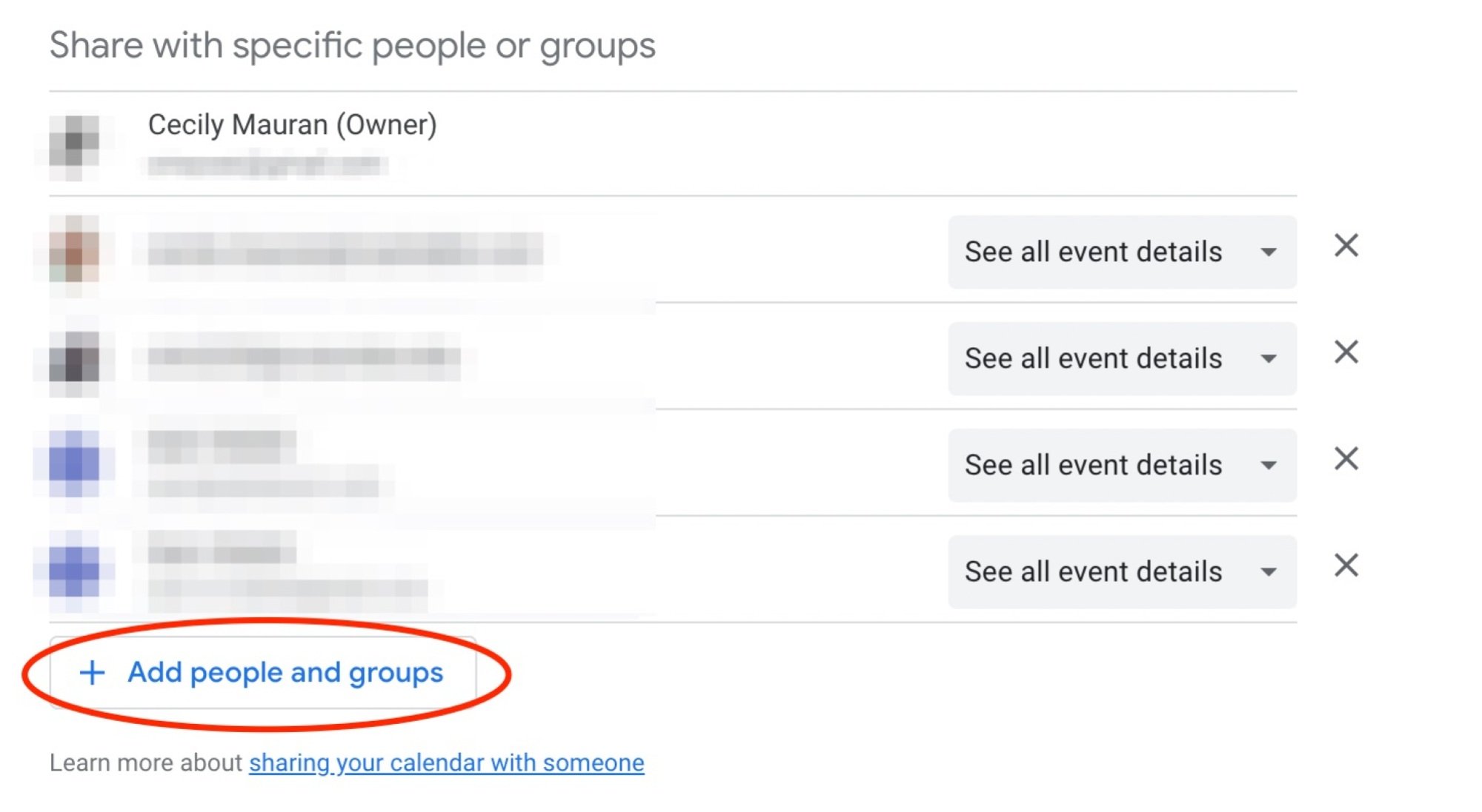 share with people section in google calendar showing an option to add people