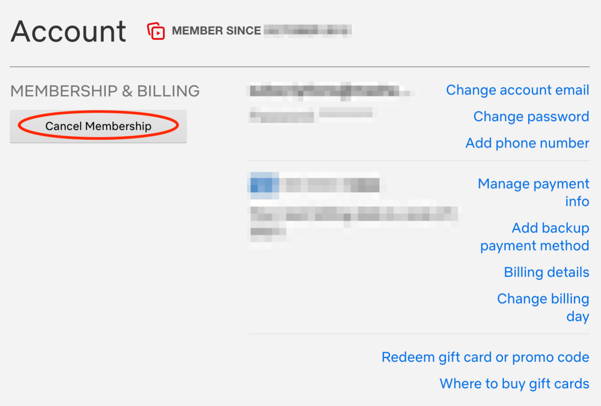 A screenshot showing the Netflix account page with the words "cancel membership" circled in red.