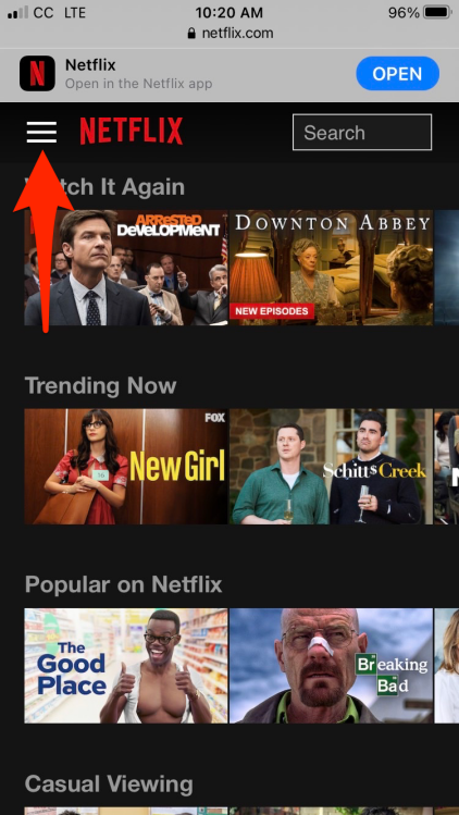 A screenshot of the Netflix app with an arrow pointing to the menu in the top left.