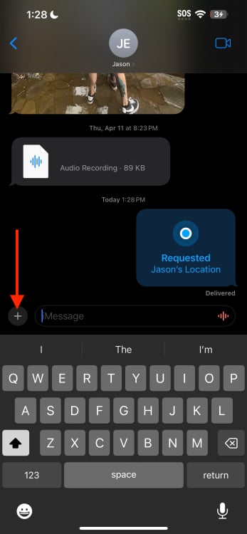 Red arrow pointing to plus sign in iOS