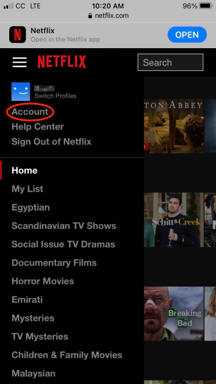 A screenshot of the Netflix app with the dropdown menu showing, the word "account" circled in red.