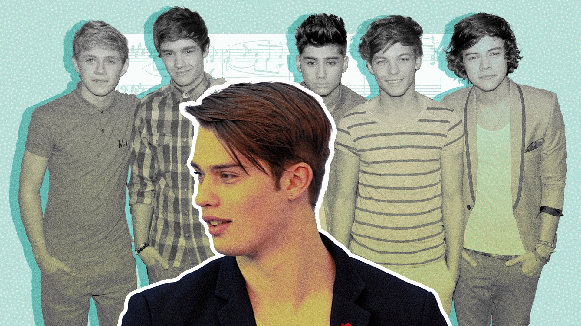 Nicholas Galitzine in front of the members of One Direction and music notes.