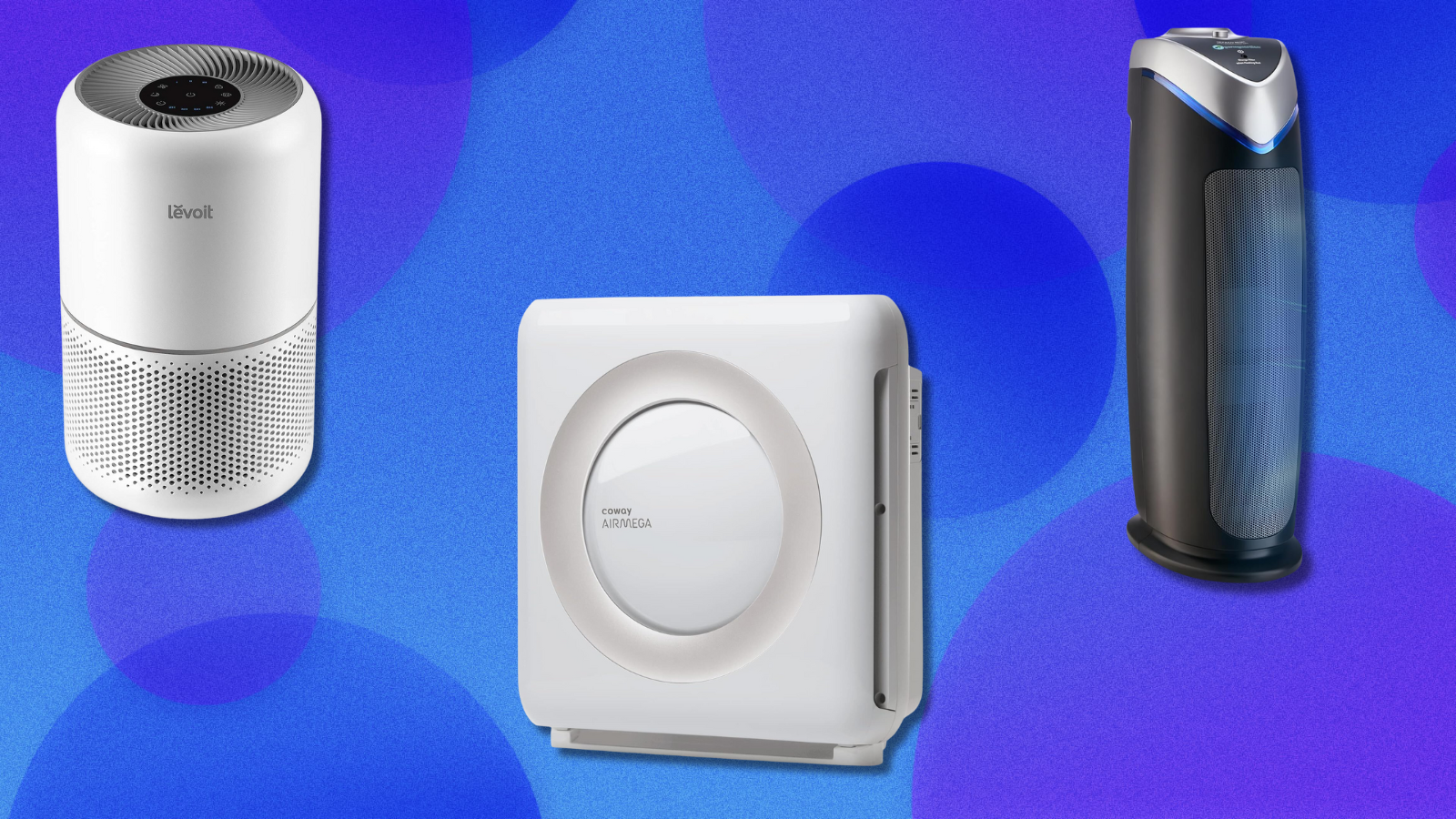 Air purifiers on blue and purple abstract background