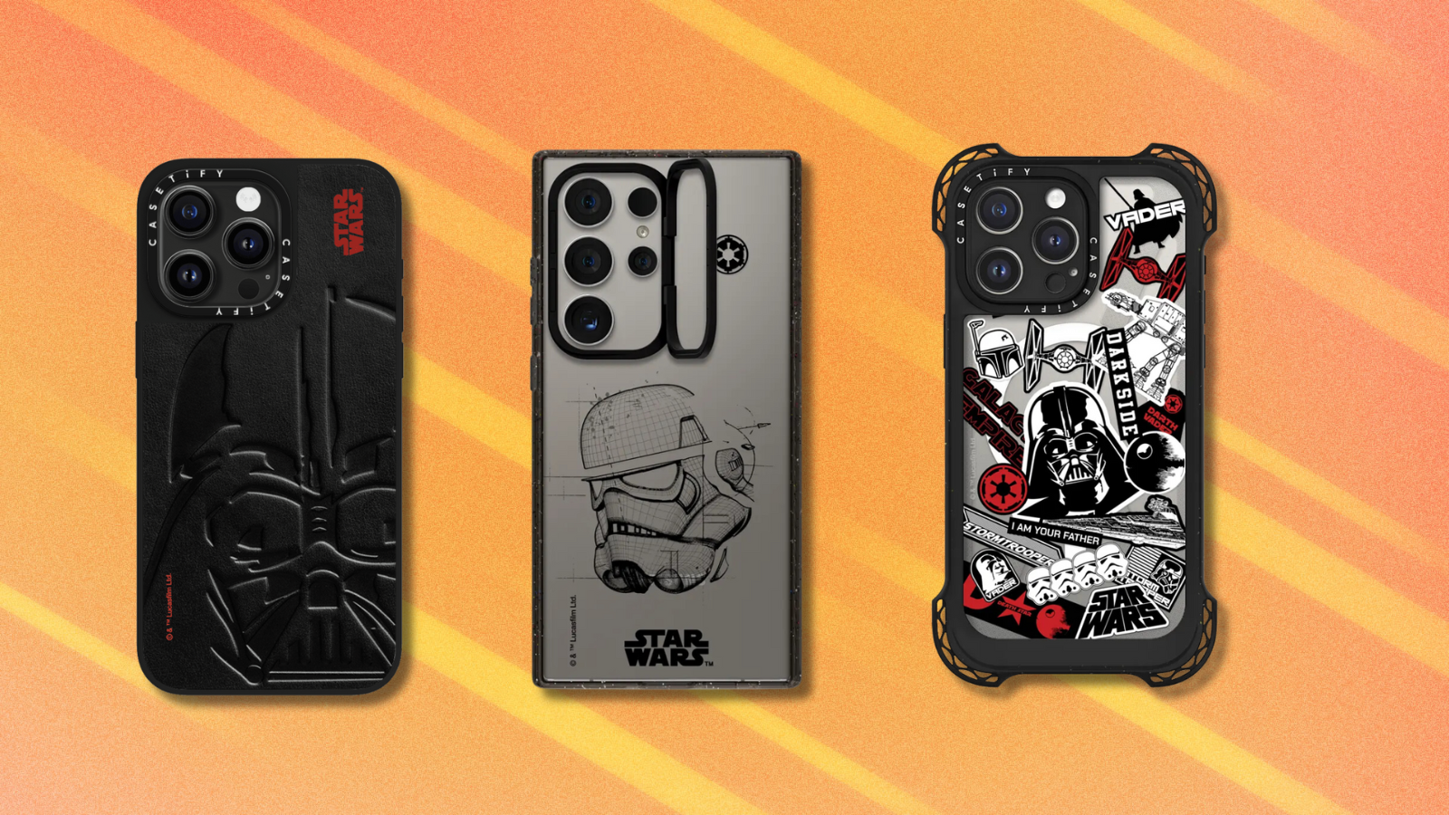 Star Wars and Casetify phone case designs on orange abstract background
