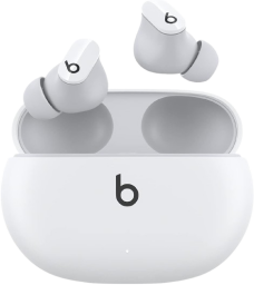 a pair of white beats studio buds earbuds on a white background with their included case