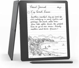 a kindle scribe with its included pen in front of it on a white background