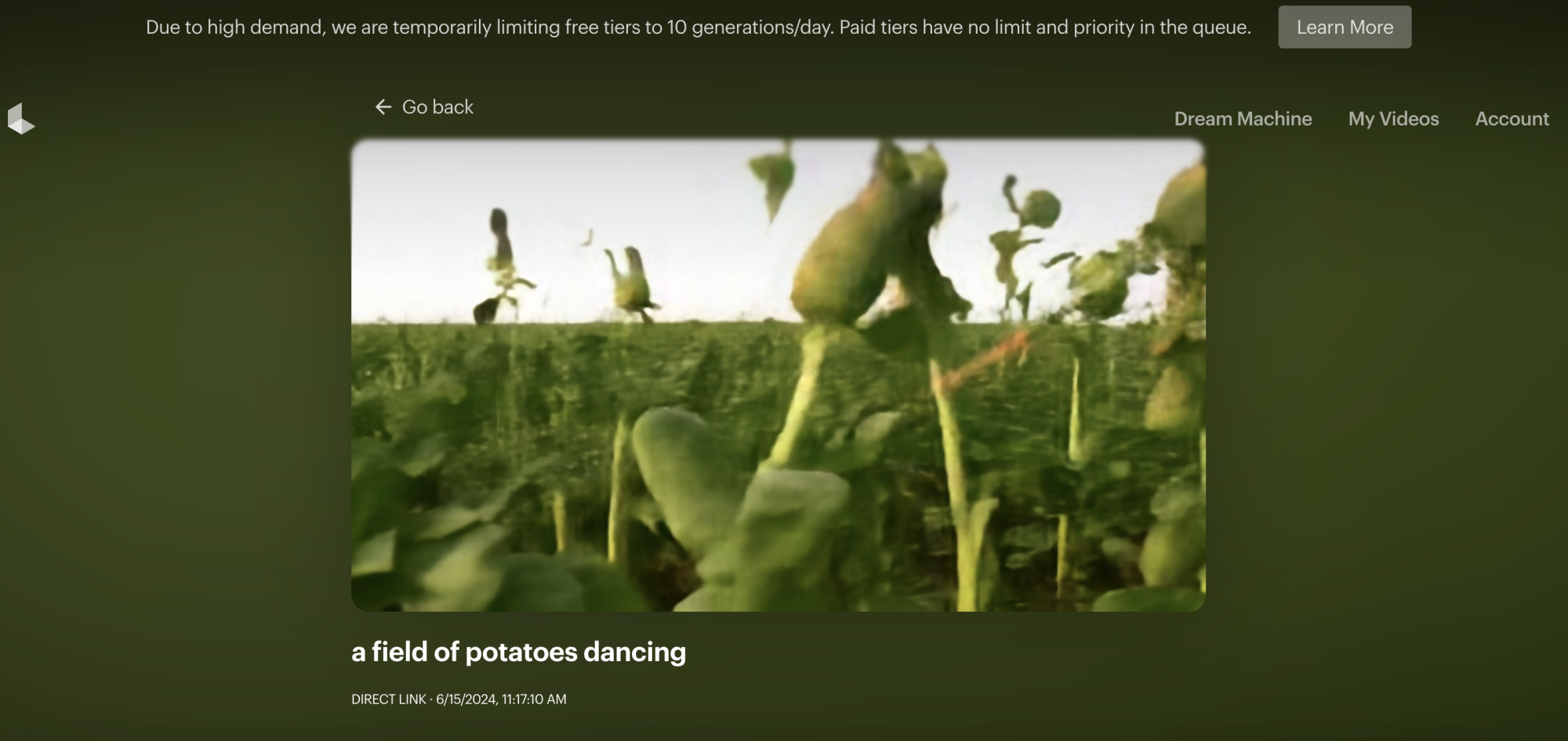 A screenshot of the Dream Machine website generating a video with the prompt "a field of potatoes dancing."