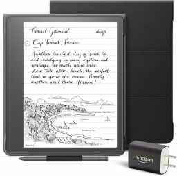 a kindle scribe bundle with the e-reader, case, and power adapter