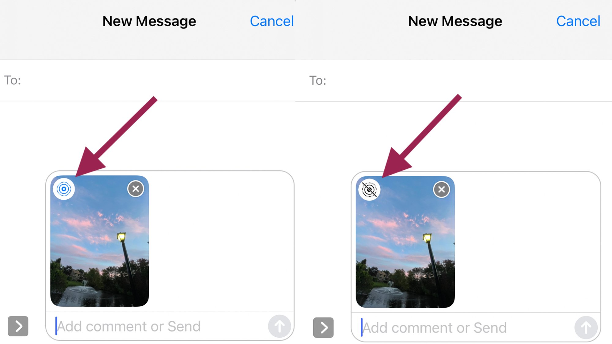 Composite of iMessage screenshots with the "Live Photo" symbol highlighted, both on and off. 