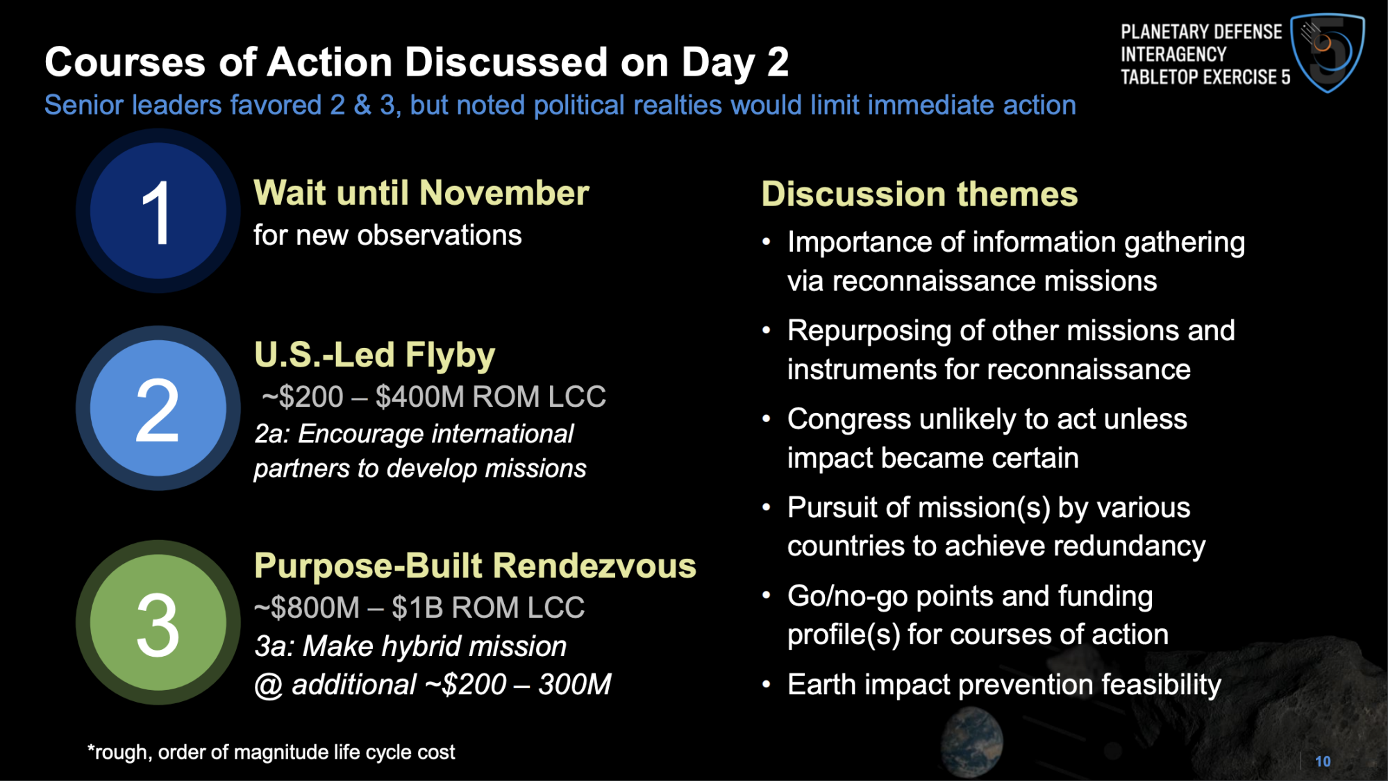 A slide from the Planetary Defense Interagency Tabletop Exercise showing courses of action for contending with a likely impact.