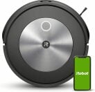 iRobot Roomba j7 robot vacuum and smartphone with green iRobot logo screensaver