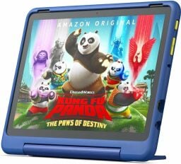 Amazon Fire HD 10 Kids Pro tablet with Kung Fu Panda on screen