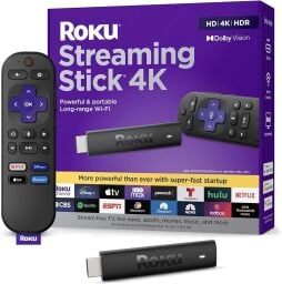 A Roku Streaming Stick 4K next to its box