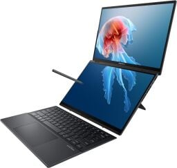 the Asus Zenbook Duo with a keyboard and a stylus