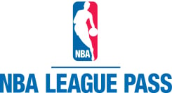 NBA League Pass logo with blue font and blue and red player illustration