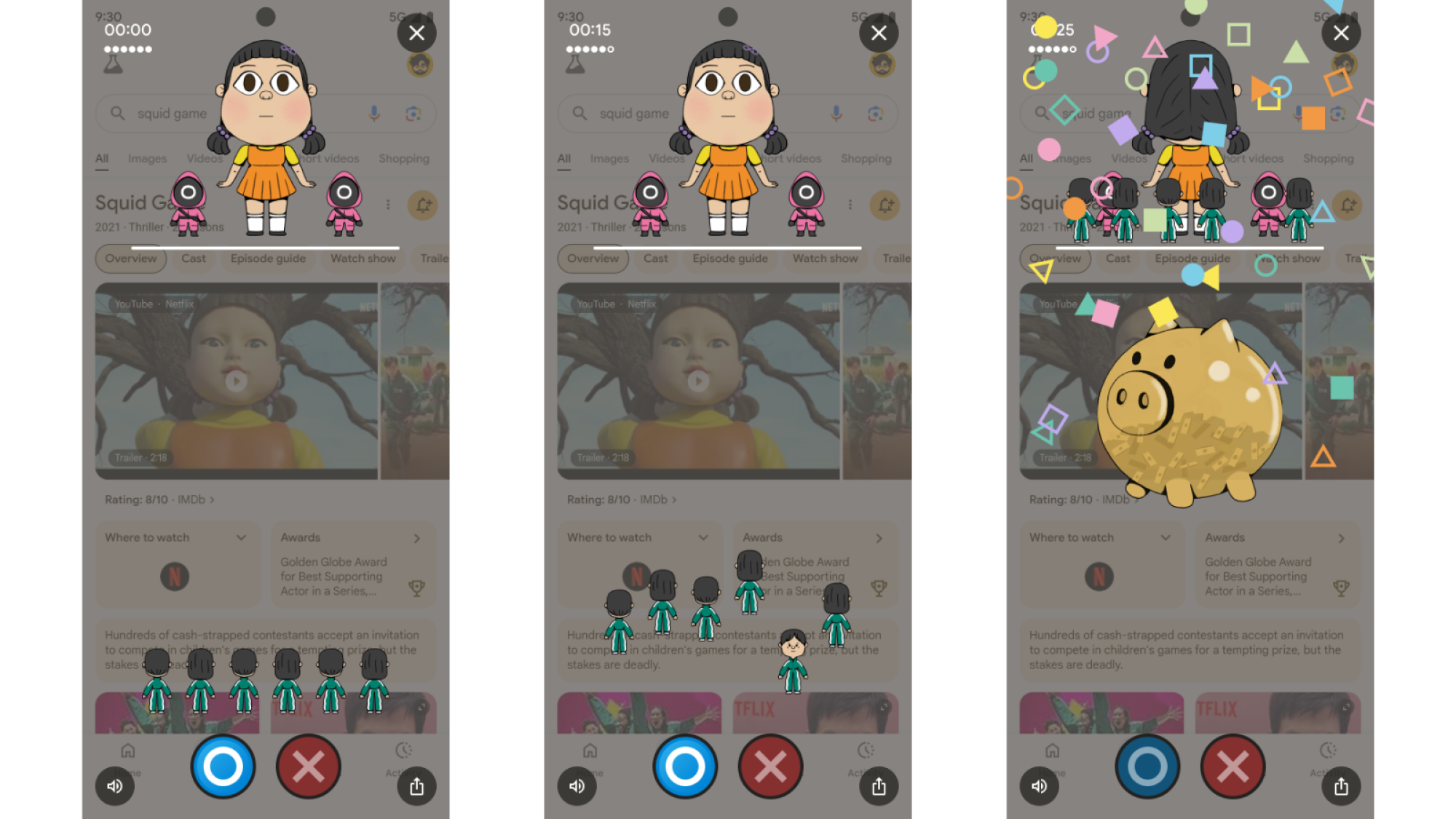 Three mobile phone screenshots of the Google Search Squid Game Easter egg.