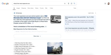 google ai overview showing a summary of the search result for what is the most expensive car.