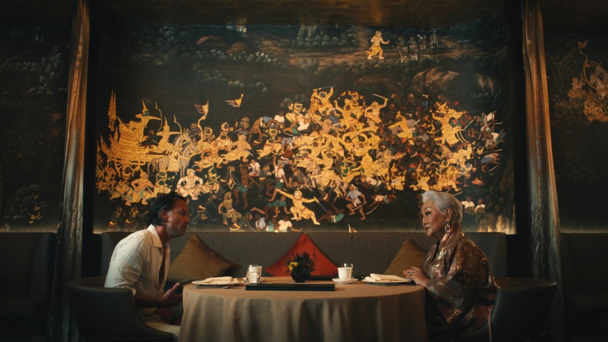 Walton Goggins and Lek Patravadi in "The White Lotus."