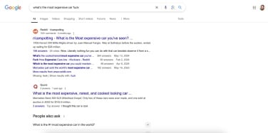 google ai overview showing a summary of the search result for what is the most expensive car with the word "fuck" added at the end