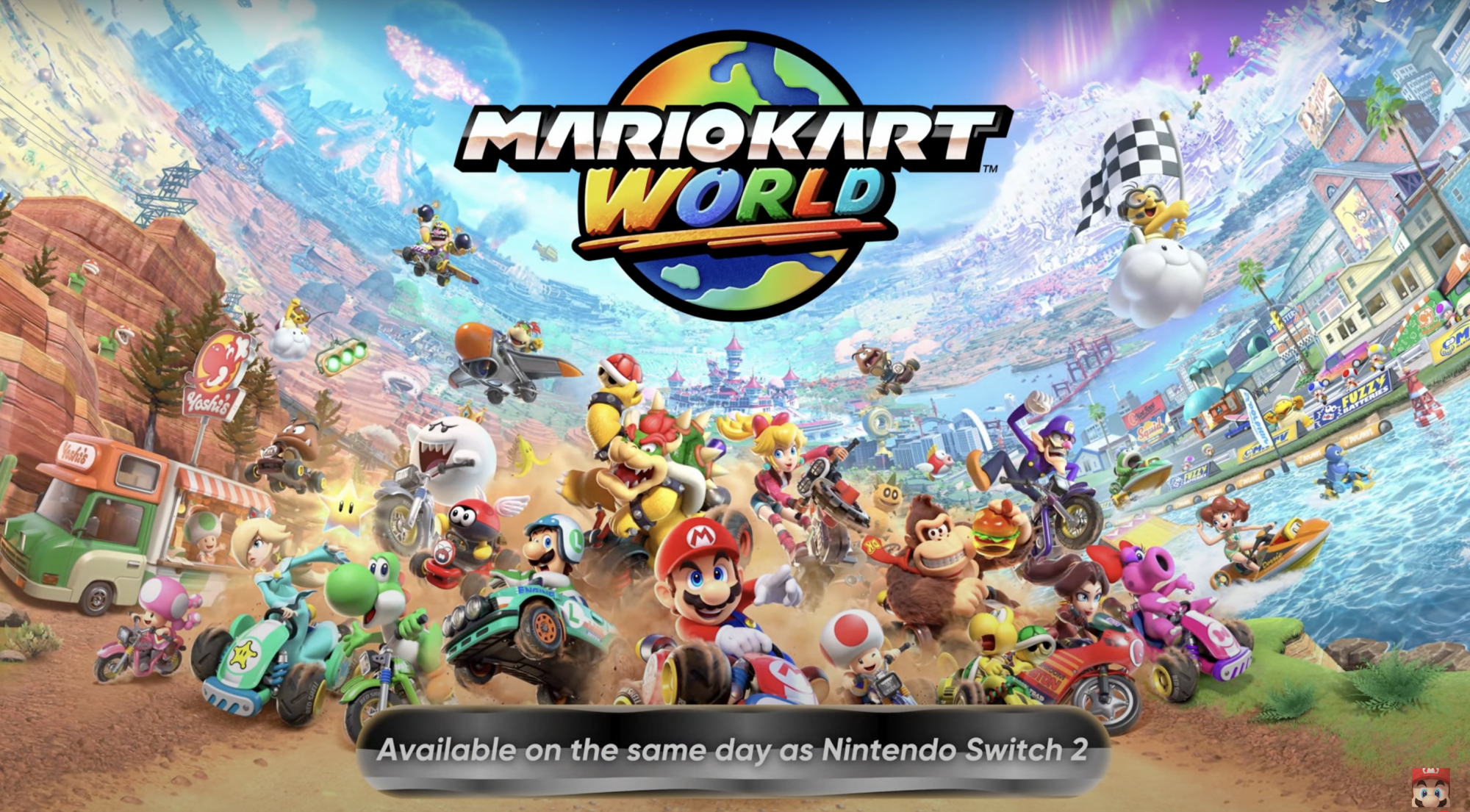 The marketing art for "Mario Kart World" featuring all the characters.