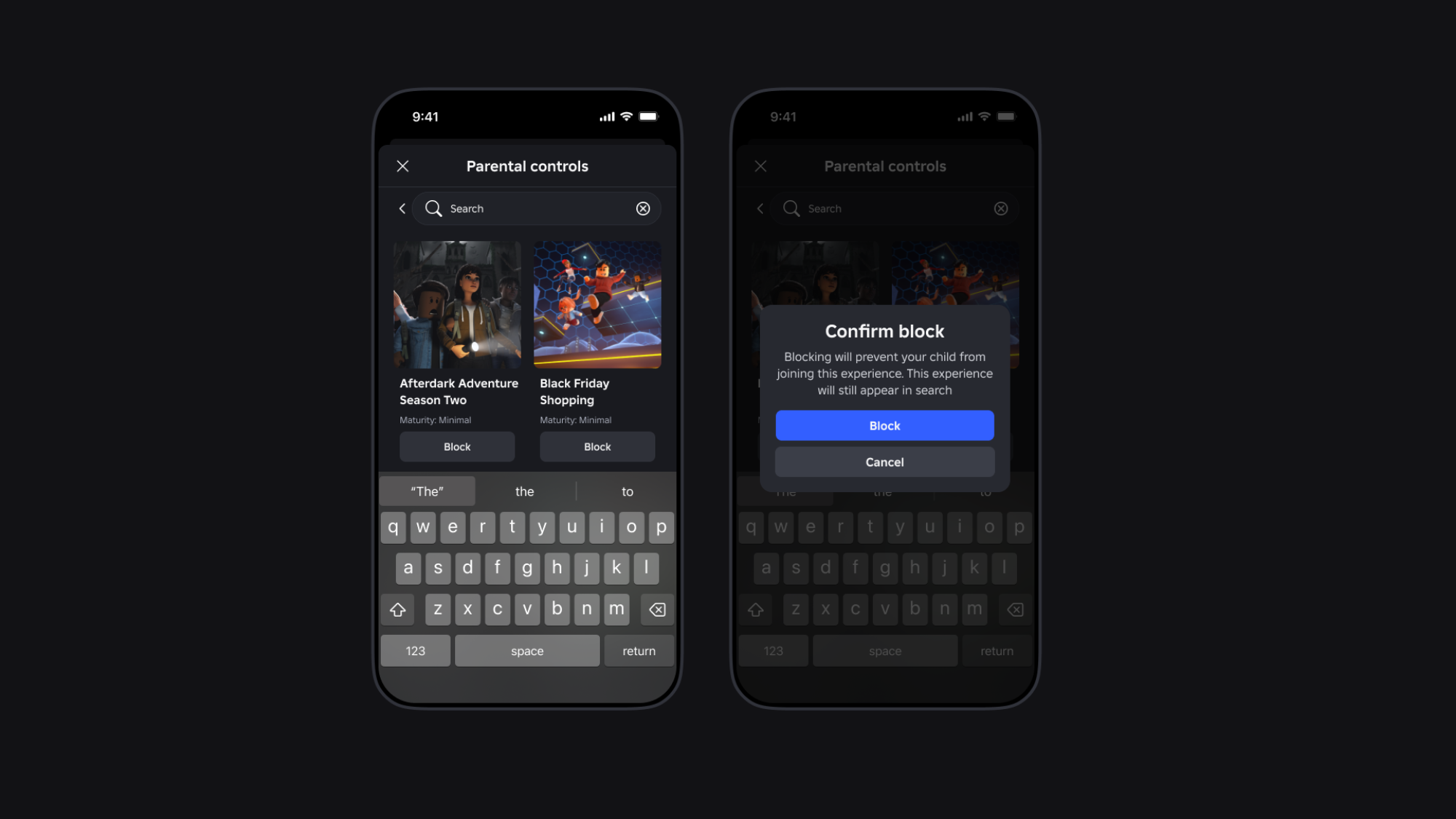 Two phone screens side by side. One shows the parental controls search function. The other show's a parent blocking a specific experience.