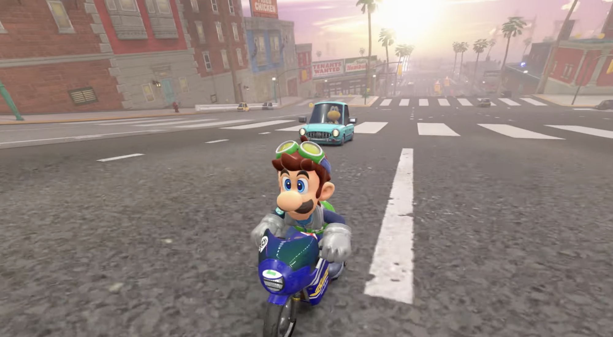 A screenshot from "Mario Kart World" showing a street race.