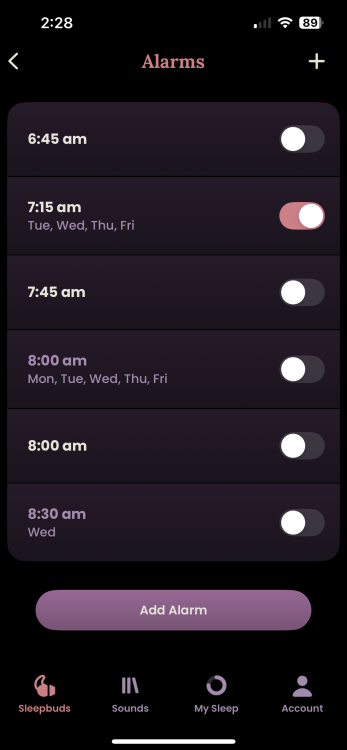 alarm page in ozlo app