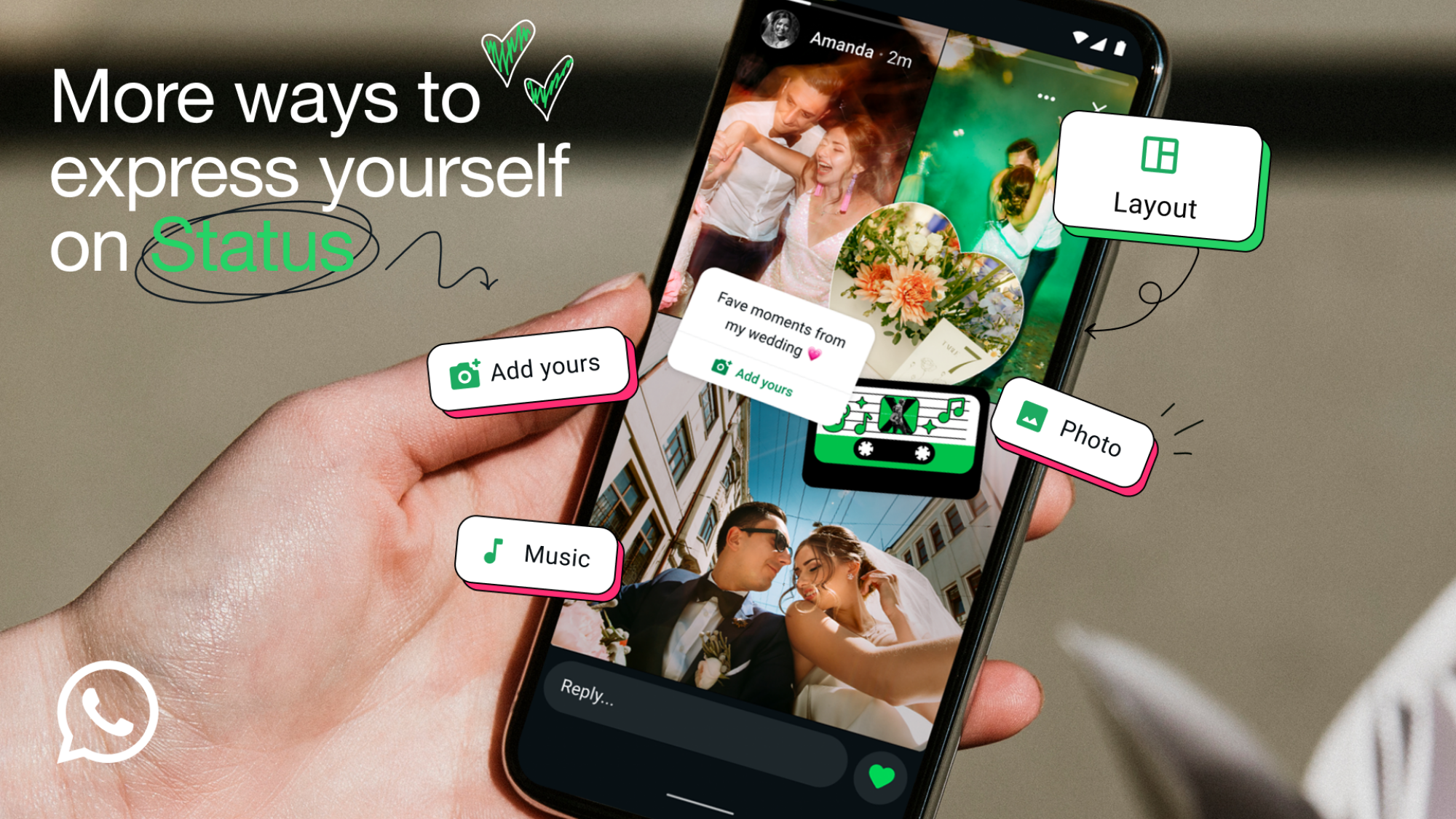 whatsapp status feature on smartphone with text that reads 'more ways to express yourself on status'