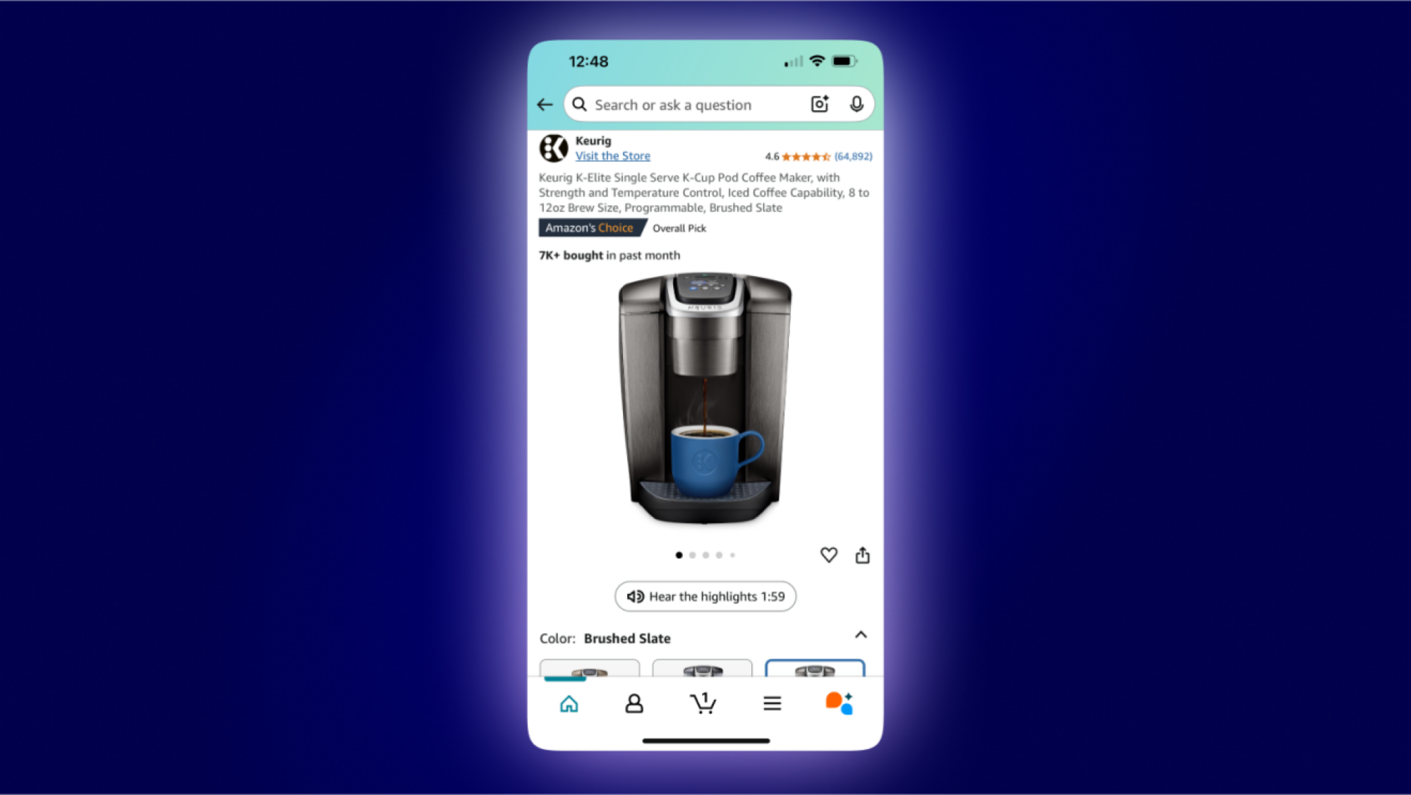 A screenshot of the Amazon app showing a product with a "hear the highlights" blurb.